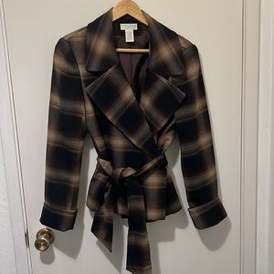 EUC Worthington stretch Buffalo plaid wide lapel blazer, wrap jacket with snaps